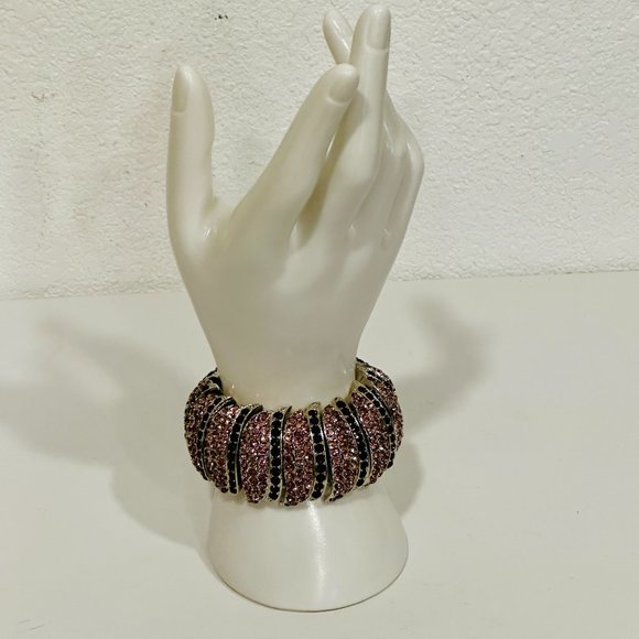 Cuff Bracelet Silver Tone Metal Base Burgundy & Pink Rhinestones EUC Expandable - Picture 2 of 7